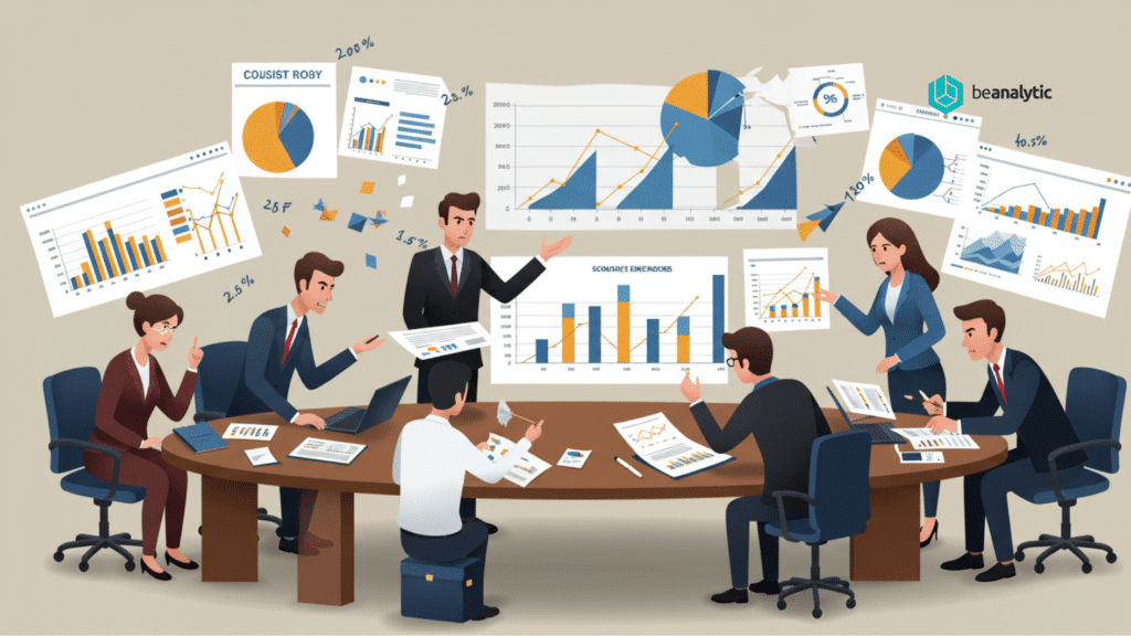 Ilustração realista de uma reunião corporativa caótica, com diferentes departamentos discutindo números divergentes em planilhas. Expressões de frustração, gráficos desalinhados e sensação de desorganização. Estilo limpo, corporativo e moderno.