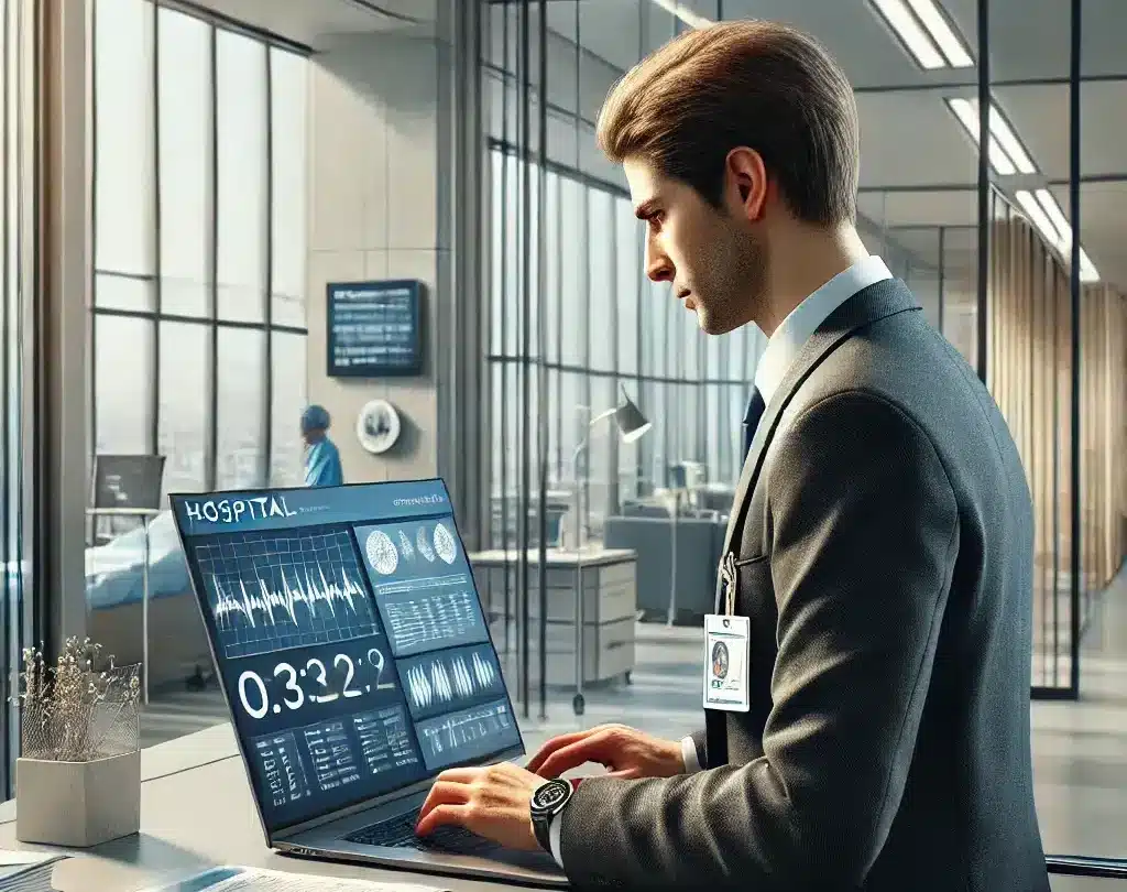 Homem trabalhando com gestão hospitalar em frente a computador que exibe um dashboard de business intelligence
