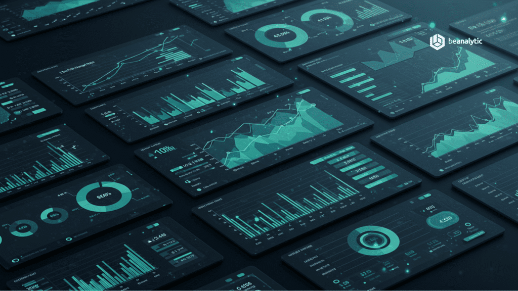 dashboards de KPIs, gráficos de barras, linhas ou indicadores digitais, mostrando análises em tempo real.