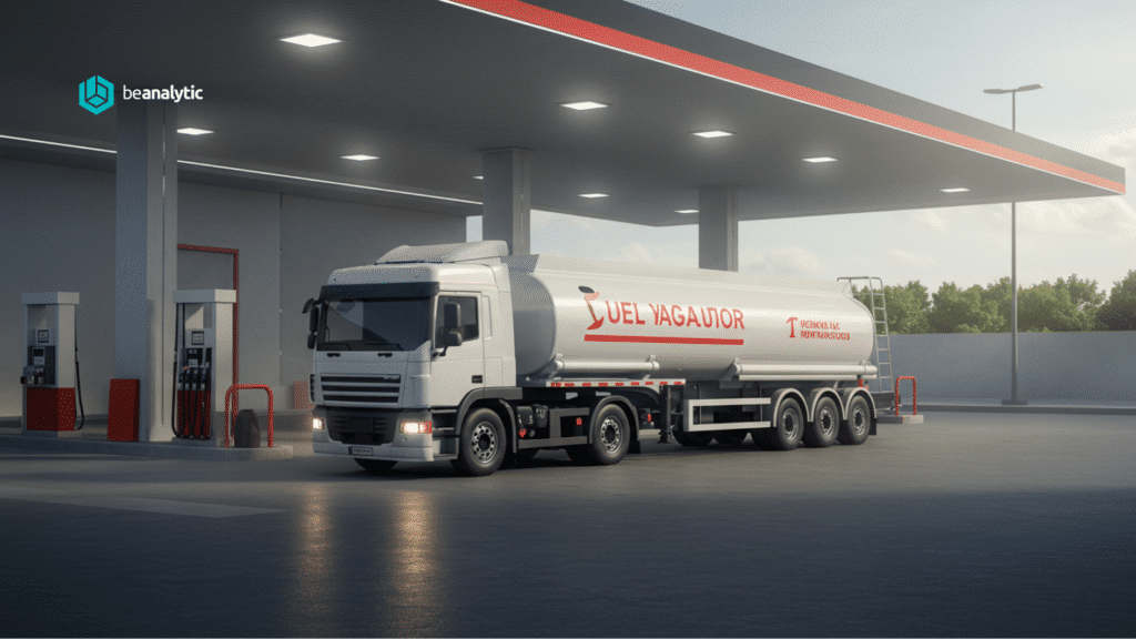 Uma ilustração digital realista de um caminhão de transporte de combustível chegando a um posto de gasolina. Estilo profissional e limpo, com ênfase em logística e eficiência operacional. A imagem deve transmitir modernidade, precisão e confiabilidade no setor de distribuição de combustíveis.