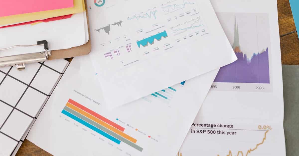 Close-up of business analytics charts and graphs on papers and clipboard.