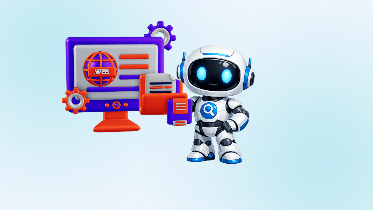 Robô e computador com ícones tecnológicos.