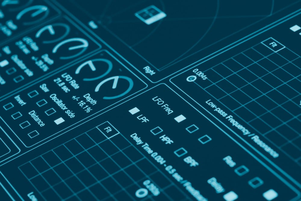 Interface digital futurista mostrando gráficos e análises de dados